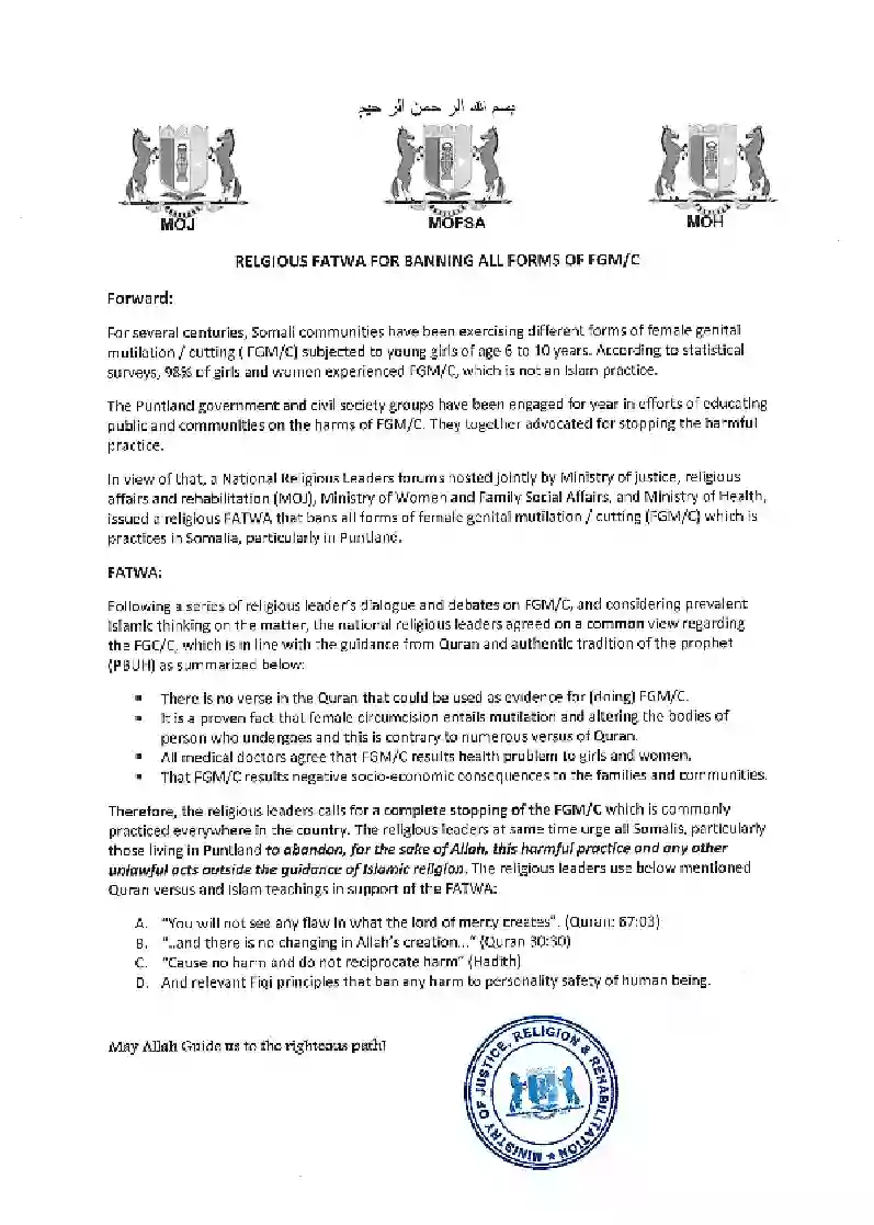 Religious Fatwa for Banning all forms of FGM/C in Puntland, Somalia